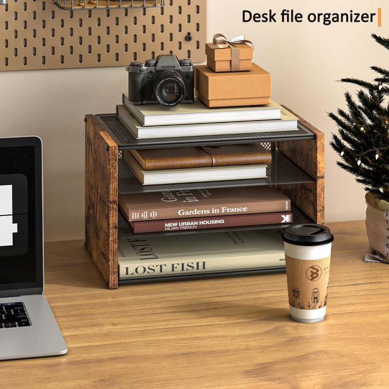 DAOUTIME 3-Tier Paper Organizer Letter Tray Wood Desk File Organizer، Metal Mesh Desk Organizer لتخزين ورق الطابعة A4. صواني ورقية صغيرة للمنزل والمكتب والمدرسة باللون البني الريفي - Image 5